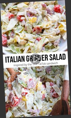 two plates with different types of salads on them and the words italian dinner salad