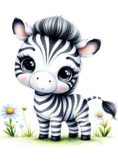 a little zebra standing in the grass with daisies on it's head and big eyes