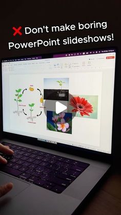 a person using a laptop computer with the text don't make boring powerpoint slideshows