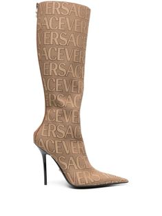 2N24P VERSACE FABRIC KNEE BOOTS Versace Boots, Boots Beige, Versace Logo, Versace Shoes, Medusa Head, Leather Cap, Leather Interior, Brown Boots, Mens Shoes Sneakers