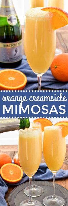 orange creamsice mimosas are served in wine glasses