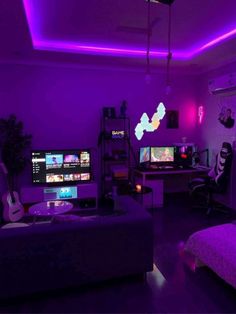 a living room filled with furniture and purple lighting