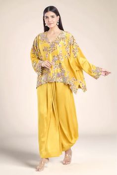 Mustard boxy short tunic with multi colored floral embroidery. Comes with solid draped skirt. - Aza Fashions Festive Draped Sets With Floral Embroidery, Short Tunic, Anamika Khanna, Women Kurta, Draped Skirt, Set Women, Cut Work, Yellow Floral, Aza Fashion