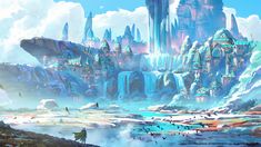 an artist's rendering of a futuristic city surrounded by mountains and birds in the foreground