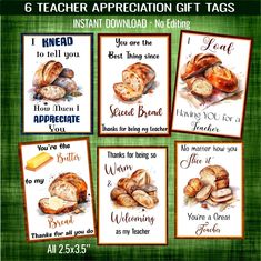 six teacher appreciation gift tags with bread