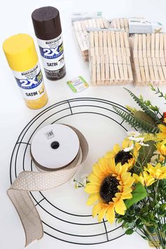 materials needed for diy clothespin sunflower wreath Clothespin Wreath Diy, Sunflower Clothespin Wreath, Cheap Wreaths, Dollar Tree Wreath, Diy Deco Mesh Wreath, Clothespin Wreath, Deco Mesh Wreaths Tutorials, Deco Mesh Wreaths Diy, Cute Sunflower