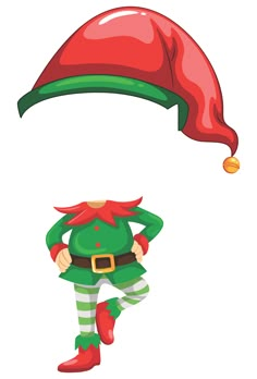 an elf with a red hat and green pants is standing in front of a white background