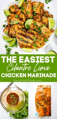 the best cilantro lime chicken marinade recipe on a white plate with text overlay