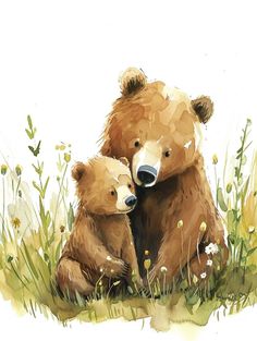 two brown bears sitting in the grass with their heads on each other's shoulders