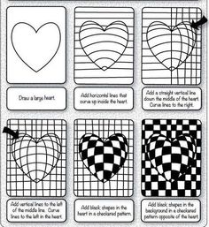 four squares with hearts drawn on them in black and white, one has a checkerboard