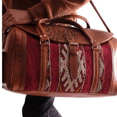 Unique Travel Bag | Handmade Duffel leather kilim bag Moroccan Travel, Handmade Travel Bag, Bohemian Handbags, Kilim Bag, Unique Travel, Moroccan Leather, Bag Handmade, Vintage Carpet, Bag Travel