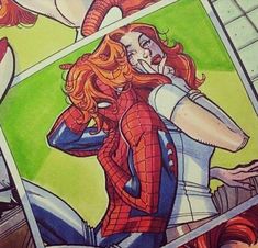 a drawing of a woman with red hair and spider - man suit on her back