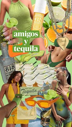 the collage shows women in swimsuits, oranges and limeade bottles