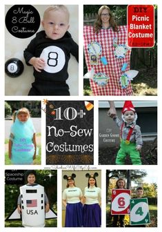 the collage shows many different costumes for babies and adults, including children's clothing