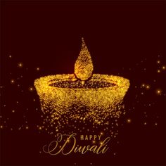 happy diwali greeting card with golden sparkles and a lit candle on a dark background