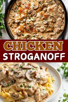 chicken stroganonoff with mushrooms and sauce in a skillet on the side