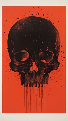 an orange and black poster with a skull on it's face, dripping blood