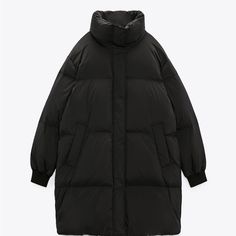 Zara Down Coat Thermal Edition Black Nwt Zara Puffer Jacket, Zara Puffer, Cropped Faux Leather Jacket, White Puffer Jacket, Silver Jacket, Denim Trench Coat, Black Puffer Vest, Long Puffer Coat, Fitted Coat