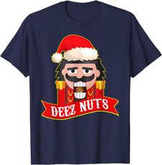 a t - shirt that says deez nuts with a cartoon character wearing a santa hat