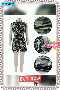 Women's Summer Overall Cargo Shorts Sleeveless Sexy Camouflage Cutout Turndown Collar Slim Fit Jumpsuit Long Sleeve Playsuit, Fitted Jumpsuit, Designer Jumpsuits, Turndown Collar, Online Clothing Stores, Model Photos, Cargo Shorts, Summer Women, Camouflage