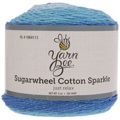 yarn bee sugarwheel cotton sparkle just relax yarn in blue and white, on a white background