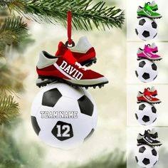 soccer shoe ornament hanging from a christmas tree with the names team name 12 on it