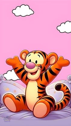 a cartoon tiger sitting on top of a bed with clouds in the sky behind it