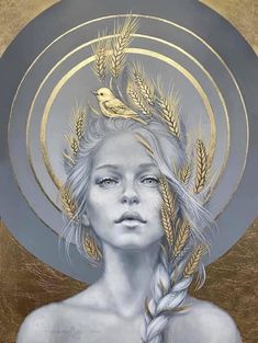 a painting of a woman with wheat in her hair