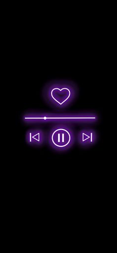 purple neon music player icon with heart on the top right corner and two equalizer buttons below