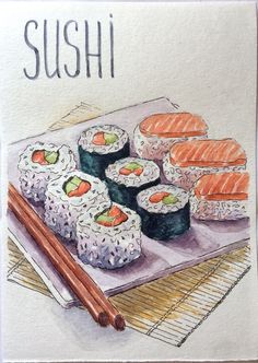 a drawing of sushi on a plate with chopsticks