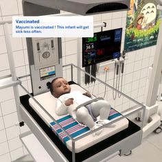 an animated doll laying on top of a hospital bed in a room with white tile walls