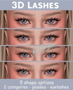 three different types of eyelashes with the words 3d lashes on top and bottom half of each eye