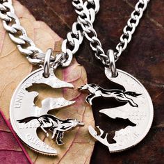 This piece features running wolves that can interlock perfectly. This has been cut by hand from a single coin and makes 2 necklaces or keychains. The inside details of the wolves have been etched deeply into the metal. We now have new real silver quarters that are new and in mint condition! These are specialty coins that the mint has made for collectors that have never been in circulation. Our art is really enhanced by using these beautiful silver coins. You also can choose a specific state that Running Wolves, Best Friends Necklaces, Emo Jewelry, Wolf Running, 4 Best Friends, Silver Quarters, Wolf Necklace, Wolf Jewelry, Silver Wolf