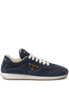 navy blue/multicolour leather enamel triangle logo logo-print tongue logo print to the rear front lace-up fastening rubber sole leather insole Blue Sneakers With Embroidered Logo For Casual Wear, Suede Sneakers With Embroidered Logo And Round Toe, Navy Leather High-top Sneakers With Branded Insole, Streetwear Lace-up Sneakers With Logo Plaque, Blue Sporty Sneakers With Embroidered Logo, Casual Calf Leather Sneakers With Logo Plaque, Luxury Calf Leather Sneakers With Logo Plaque, Sporty Lace-up Sneakers With Logo Plaque, Luxury Navy Sneakers With Round Toe