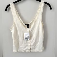 Nwt Smoke-Free Home Off White/Cream Color Functional Buttons (Wrinkles In Photo Just Due To Storage) Forever 21 Summer Tops With Button Closure, Forever 21 Summer Tops With Buttons, White Button-up Tank Top For Spring, Velvet Bodysuit, Lace Button, Orange Shirt, Striped Crop Top, Wide Sleeves, Black Tank