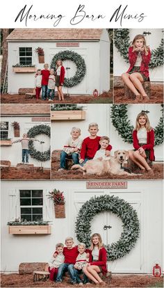 the family poses for their christmas photos in front of a white building with wreaths