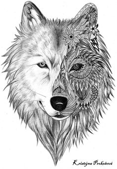 a drawing of two wolfs with their faces drawn in pencil and surrounded by flowers