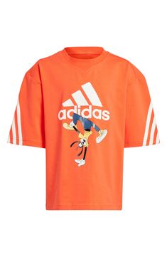 Disney and adidas team up with this collaborative T-shirt that shows off Goofy's sporty side and will keep your kiddo comfy all day long. 93% cotton, 7% elastane Machine wash, tumble dry Imported Casual T-shirt With Character Print For Sports, Sporty T-shirt With Character Print For Sports, Sporty T-shirt With Cartoon Print For Sports, Casual Sports T-shirt With Character Print, Sporty Tops With Character Print For Sports, Sporty Cotton Tops With Cartoon Print, Team-colored Sportswear T-shirt With Graphic Print, Sports Team-colored T-shirt With Graphic Print, Sporty Character Print Tops For Streetwear