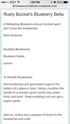 the menu for rusty bucket's blueberry belia, which is available on iphone