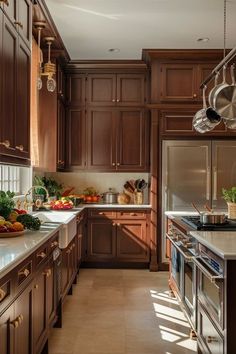 a kitchen filled with lots of wooden cabinets and counter top space next to an oven