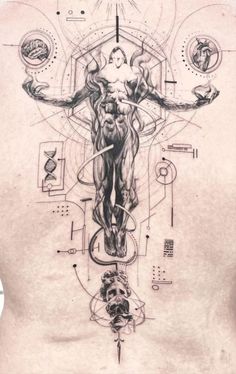 an artistic tattoo design on the back of a man's body, with symbols around it