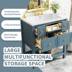 an image of a bathroom vanity with drawers and storage space in the bottom drawer, labeled large multifunctional storage space