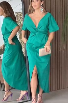 This elegant maxi dress💕👗 exudes timeless charm with its solid color and flattering V-neck design. Perfect for parties or casual outings, it combines sophistication and comfort effortlessly, making it a must-have in every woman's wardrobe.💕👗 Green Maxi Evening Dress For Summer, Green Sheath Party Dress, Green Sheath Dress For Party, Green Short Sleeve Midi Dress For Party, V-neck Dress For Wedding Guest And Party Season, Green Short Sleeve Maxi Dress For Party, Formal Green Summer Evening Dress, Formal Green Evening Dress For Summer, Green Sheath Maxi Dress For Party