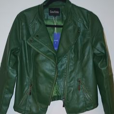 Designer Faux Leather Zip-Up Racer Jacket. Beautiful Casual Design For Any Outfit. Color: Green Size: S Trendy Green Leather Winter Jacket, Trendy Green Leather Jacket For Winter, Green Leather Jacket With Zipper For Fall, Chic Green Biker Jacket For Winter, Green Leather Jacket With Zipper For Work, Green Leather Jacket For Work With Zipper Closure, Chic Green Leather Jacket For Winter, Leather Racer Jacket, Racer Jacket