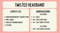 a pink poster with the words twisted headband on it and an image of two different types