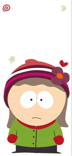 the south park character is wearing a red hat and green jacket with flowers in her hair