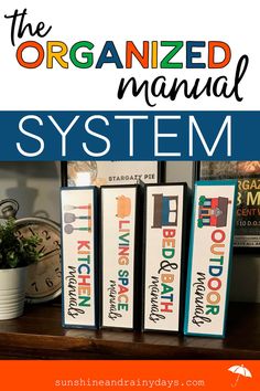 the organized manual system for organizing books on a shelf with text overlay that reads, organize