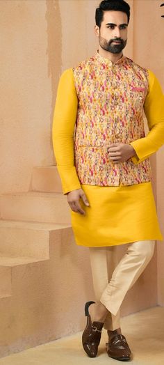 Details : Color- yellow jacket, yellow kurta white pajama Any Color you may ask for...(only one color)  Fabric -Imported Fabric  Work Details -self  Bottom Details Color Cream - Pajama Package Include : Top , Bottom, All others accessories are for photography purpose only . Just the Top and bottom available . Color variation may be there slightly , due to computer resolution and camera . Diwali Nehru Jacket With Gota Work, Designer Yellow Sherwani For Navratri, Yellow Haldi Outfit For Groom, Long Sleeve Nehru Jacket With Gota Work For Festivals, Nehru Jacket With Gota Work For Festivals, Eid Nehru Jacket With Gota Work, Haldi Dress For Men Yellow, Multicolor Straight Kurta Nehru Jacket For Festivals, Multicolor Nehru Jacket Straight Kurta For Festivals