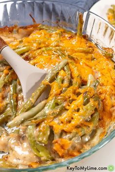 a casserole dish with green beans and cheese