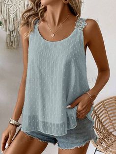 Details:Appliques \nNeckline:Scoop Neck \nType:Tank \nColor:Green \nPattern Type:Plain \nLength:Regular \nFit Type:Regular Fit \nFabric:Non-Stretch \nMaterial:Woven Fabric \nComposition:100% Polyester \nCare Instructions:Machine wash or professional dry clean \nPockets:No \nSheer:No \n Sheer Tank Top, Women Tank Tops, Decorative Flowers, Tank Top Cami, Kids Sleepwear, All Fashion, Round Neckline, Women Clothing, Women Clothes Sale